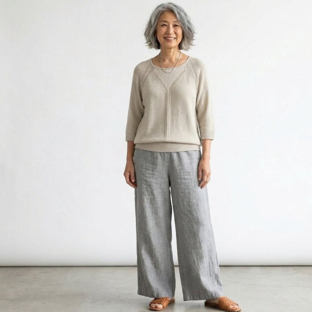 OLSEN Beige Cotton Knit 3/4 Sleeve Sweater Womens L lagenlook Coastal Minimalist